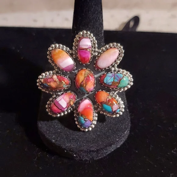 New Sterling Silver Large Flower Adjustable Ring in Pink Spiny Turquiose Dalia - Picture 3 of 8
